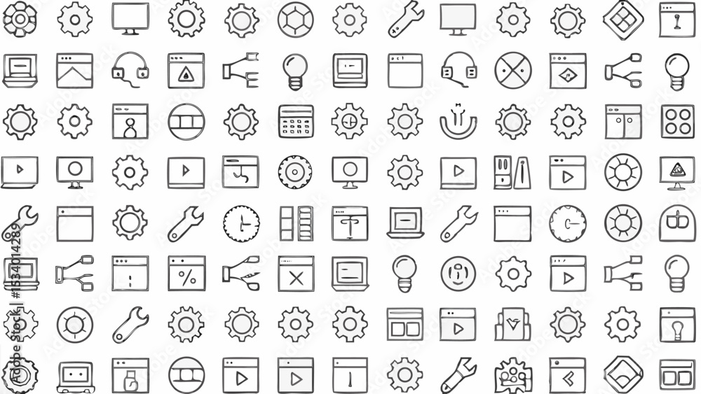 A collection of various hand drawn style icons including settings gears, browsers, and computer screens A collection of various hand drawn style icons including settings gears, browsers, and computer screens