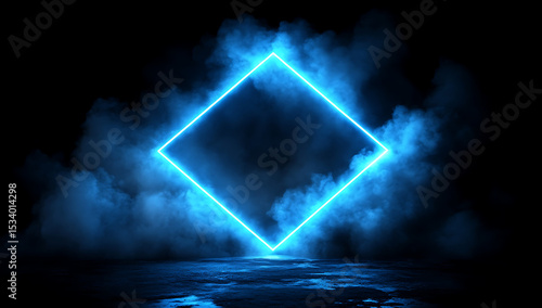 Wallpaper Mural 3D render, glowing blue neon square frame on a dark background with smoke and clouds. Abstract futuristic light banner design. Glowing lines in the form of a rhombus. Blue glow line effect. Torontodigital.ca