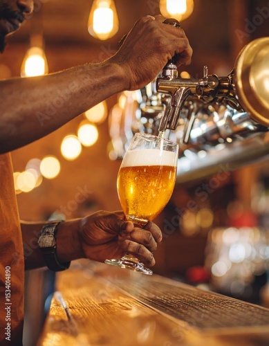 Bartender pours draft beer into tilted glass, warm bar lighting, golden foam, cinematic vibe.
