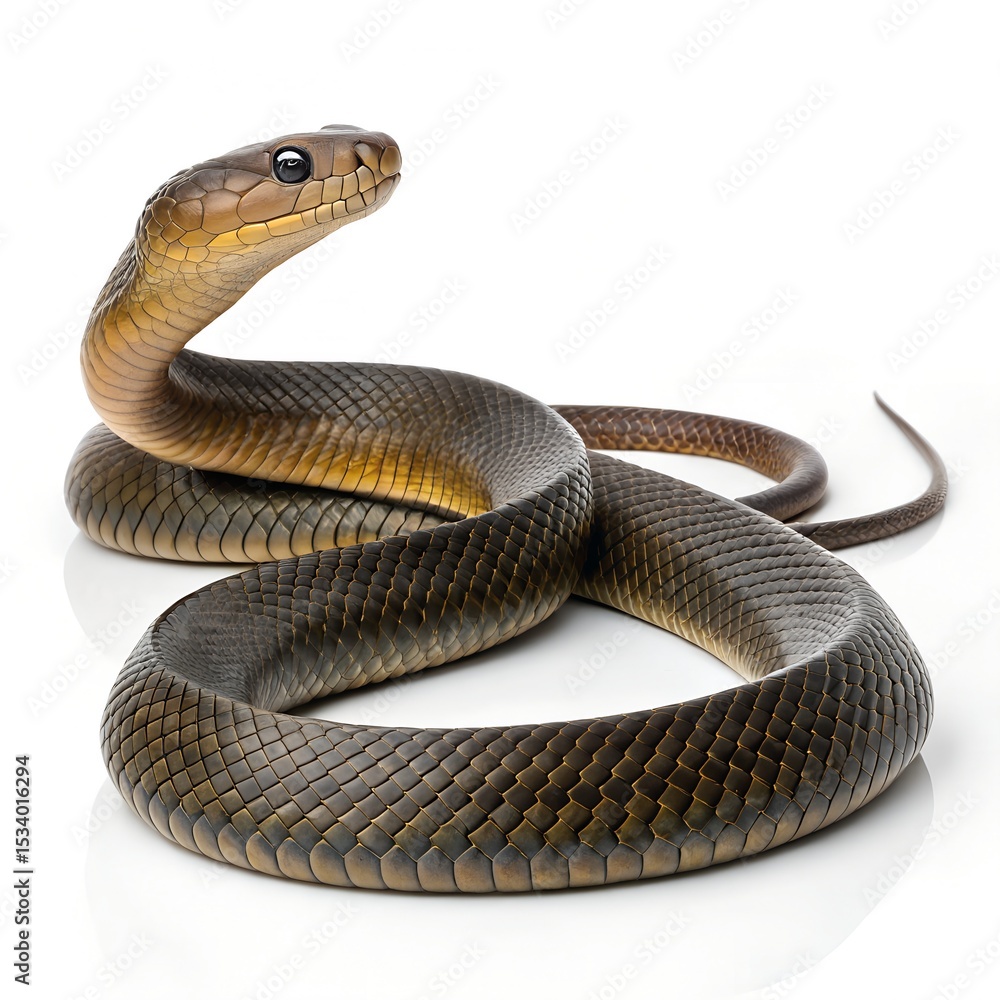 Fototapeta premium Inland Taipan – Coiled Snake on Pure White Background with Detailed Scales