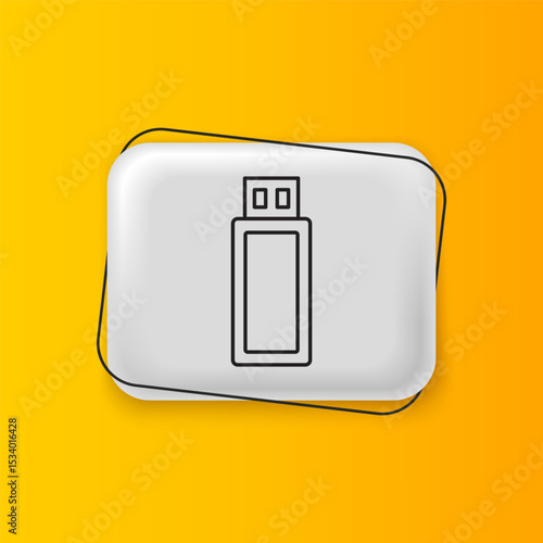 Black USB flash drive icon isolated on yellow background. Silver rectangle button. Vector