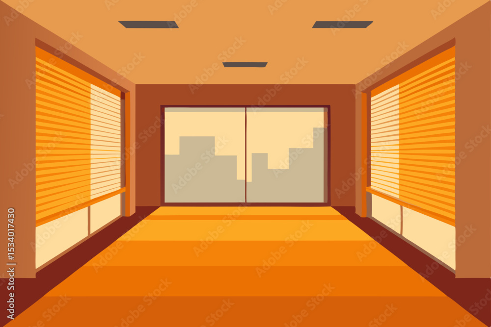 Obraz premium Empty indoor hotel corridor with modern architectural design, light, and open doors