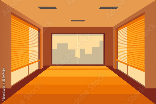Empty indoor hotel corridor with modern architectural design, light, and open doors