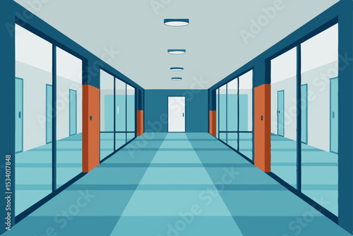 Modern office building hallway with long blue corridor and empty doors