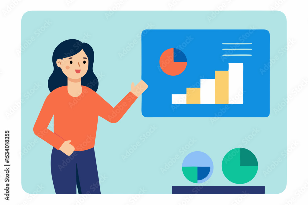 Businesswoman vector icon illustration: a flat design concept of a woman with a business card, working on a laptop, and analyzing a business chart Businesswoman vector icon illustration: a flat design concept of a woman with a business card, working on a laptop, and analyzing a business chart