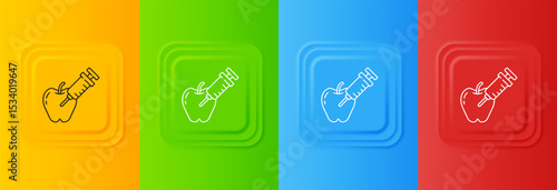 White Genetically modified apple icon isolated on colorful background. GMO fruit. Syringe being injected to apple. Set icons in square buttons. Vector