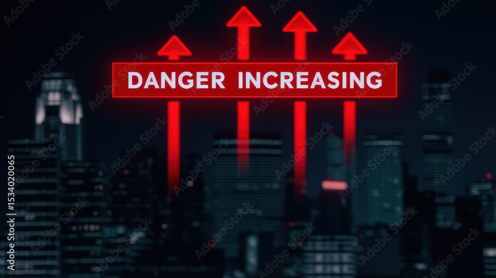 Obraz premium Global Tensions and Conflict Escalation with Emerging Threats Concepts. A nighttime cityscape with red arrows pointing upward and a glowing warning sign reading 