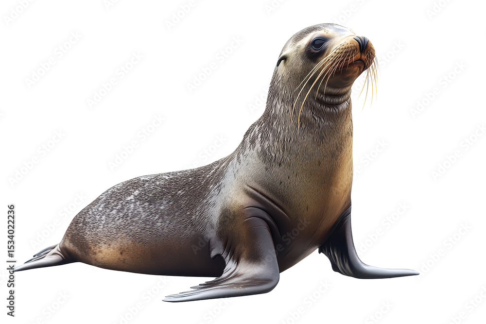 Naklejka premium Sea lion resting on a white background showcasing its unique features and textures in a serene, isolated environment