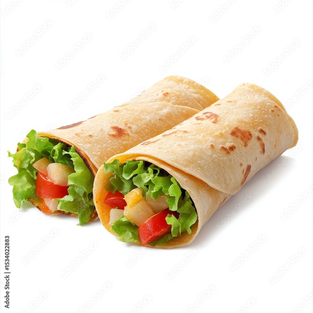 Obraz premium Fresh Veggie Wraps Two delicious wraps with lettuce and tomatoes on white, Food , Healthy