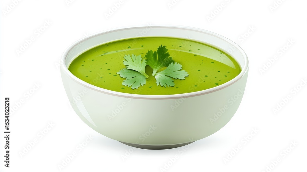 Green Soup in White Bowl Topped with Cilantro, Vegan, Healthyfood Green Soup in White Bowl Topped with Cilantro, Vegan, Healthyfood