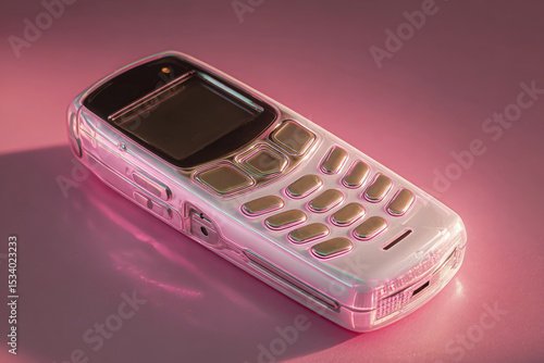 Neon pink retro mobile phone with transparent design and lights