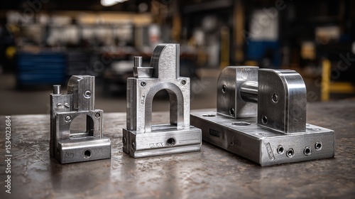Three metal jig fixtures sitting on a workbench in a machine shop environment with blurred background