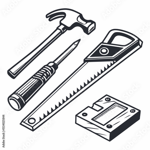 Work tools line icons - puncher, drill, wrench, saw, pliers and construction equipment