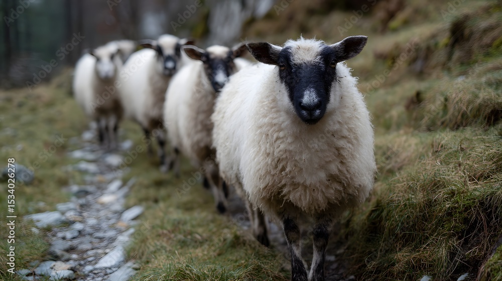 Obraz premium A flock of sheep walking in a line along a rural pasture trail