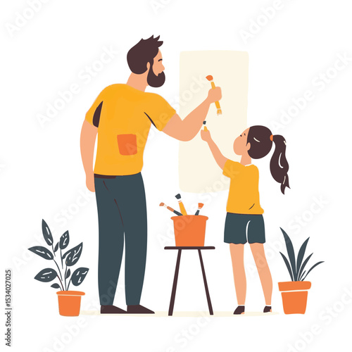 Simple and super minimal vector lines, cartoonish dad and daughter painting wall together