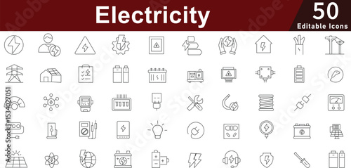 Electricity and Energy Line Icons Set: Power, Renewable and Industrial Symbols. Editable Vector Icons