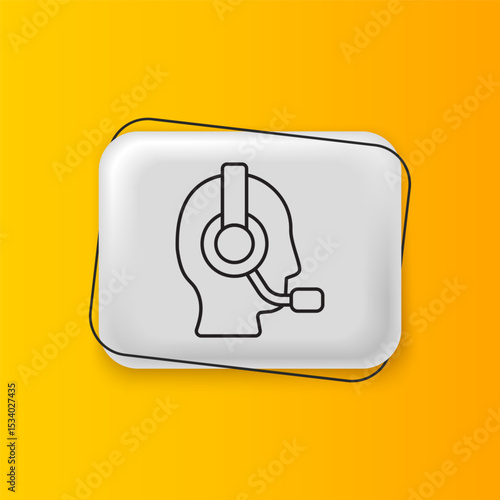 Black Man with a headset icon isolated on yellow background. Support operator in touch. Concept for call center, client support service. Silver rectangle button. Vector