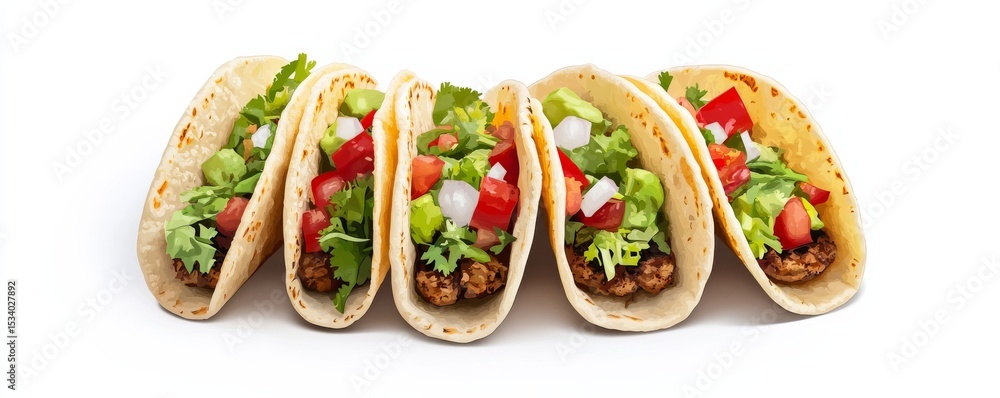 Row of Delicious Tacos with Meat, Veggies on White Background, Mexican food, Tacos Row of Delicious Tacos with Meat, Veggies on White Background, Mexican food, Tacos