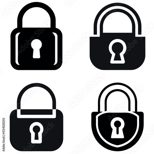 Four Black Padlocks with Keyholes on a White Background, Representing Security and Protection
