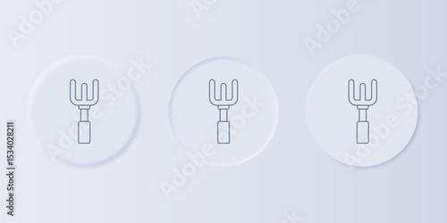 Grey Garden rake icon isolated on grey background. Tool for horticulture, agriculture, farming. Ground cultivator. Housekeeping equipment. Set icons in square buttons. Vector