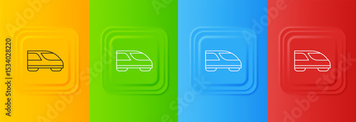 White High-speed train icon isolated on colorful background. Railroad travel and railway tourism. Subway or metro streamlined fast train transport. Set icons in square buttons. Vector
