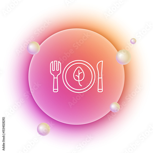 White Vegan food diet icon isolated on white background. Organic, bio, eco symbol. Vegan, no meat, lactose free, healthy, fresh and nonviolent food. Orange and pink gradient circle background. Vector