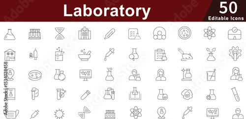 Laboratory Science Line Icons Set: Research, Experiment and Medical Symbols. Editable Vector Icons
