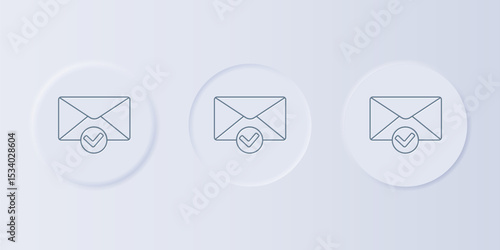 Grey Envelope and check mark icon isolated on grey background. Successful e-mail delivery, email delivery confirmation. Set icons in square buttons. Vector