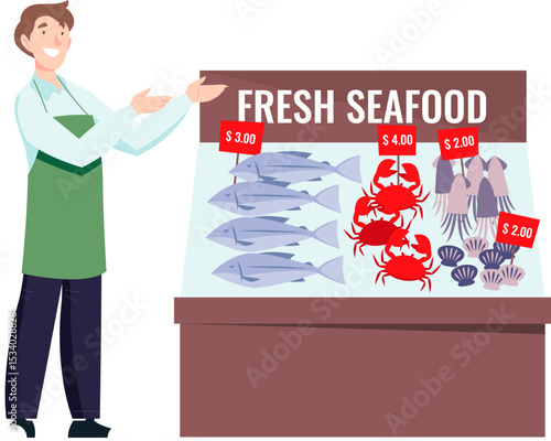 man selling fresh seafood at market kiosk vector illustration