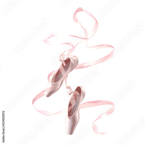 Ethereal Dance: Two ballet shoes gracefully suspended with ribbons dancing in the air, capturing the elegance, beauty, and artistry of ballet.
