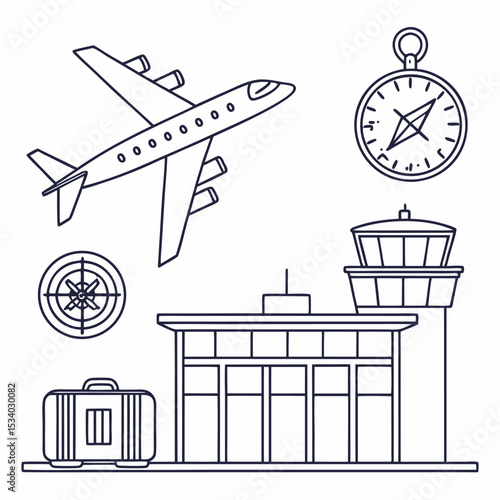 vector illustration of airplane, airport, departure time