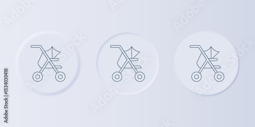 Grey Baby stroller icon isolated on grey background. Baby carriage, buggy, pram, stroller, wheel. Set icons in square buttons. Vector