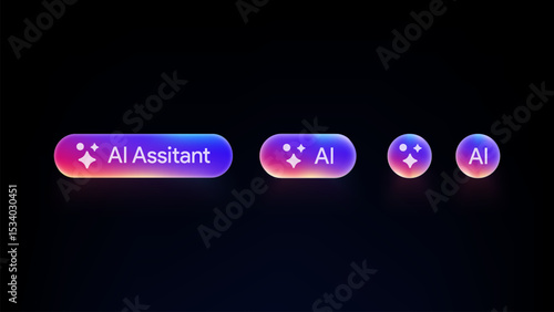 AI Assitant button. Rewrite prompt pushbutton. Generate artificial intelligence toggle. LLM magic stars logo. Machine learning text generator. Chatbot assistant. UI design. Vector illustration. 