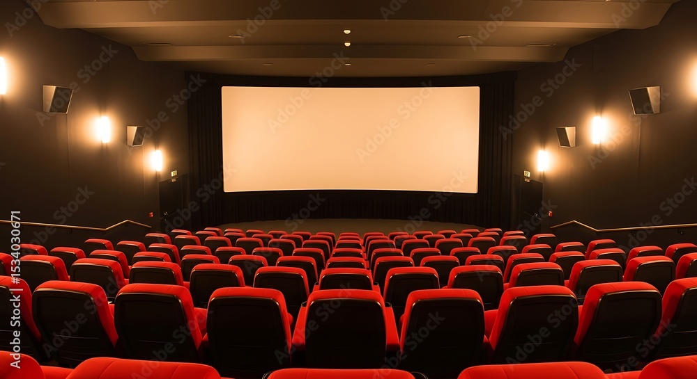 Fototapeta premium Empty Movie Theater with Red Seats and Blank Screen