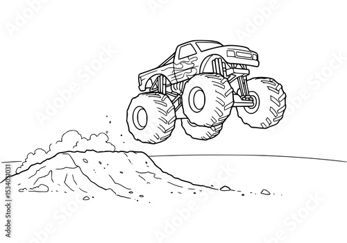 Simple cartoon in black and white. Monsterjam car jumping on dirt track. ideal for children's coloring books.