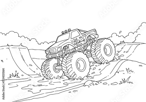 Simple cartoon in black and white. Monsterjam car jumping on dirt track. ideal for children's coloring books.