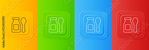 White Drinking yogurt in bottle with spoon icon isolated on colorful background. Baby food. Set icons in square buttons. Vector