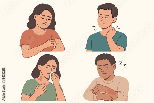 People suffering from itchy skin. Character set with allergy symptoms. Man and woman scratching rash, eczema, or dermatitis. Dermatology, skin disease, and healthcare vector concept.