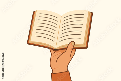 Hand holding an open book vector illustration. Concept of education, learning, knowledge, and studying. Reading a story or novel in a library. Wisdom and information symbol.