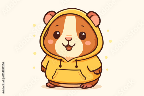 Cute guinea pig in yellow hoodie. Kawaii cartoon animal character vector illustration. Adorable rodent pet fashion concept. Mascot for pet shop or kids brand. Funny cavy graphic.
