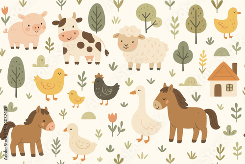 Cute farm animals seamless pattern in Scandinavian style. Childish background with cow, pig, sheep, horse, chicken, duck. Vector for kids fabric, baby textile, wallpaper, nursery decor.