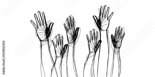 Hands raised in solidarity drawn in sketchy black line art  