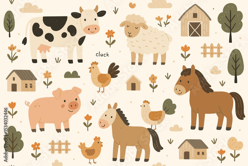 Cute farm animals set in Scandinavian style. Vector collection with cow, pig, horse, sheep, chicken. Hand drawn doodle illustration for kids, baby nursery decor, fabric print.
