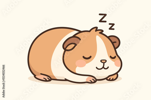 Cute guinea pig sleeping peacefully. Adorable kawaii cartoon cavy character taking a nap. Domestic pet rodent dreaming blissfully. Vector illustration for kids, sleep concept. Zzz.