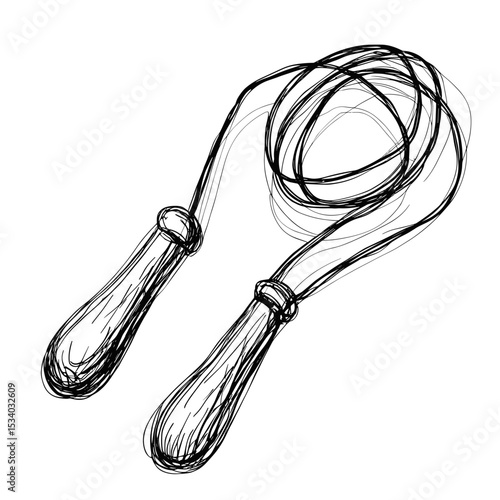 Sketch of a skipping rope with wooden handles and flowing ropes  