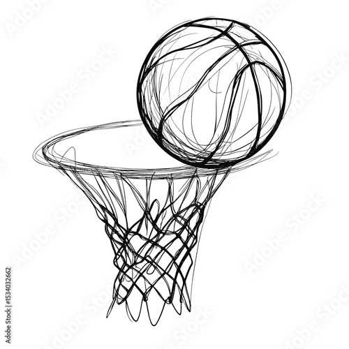 Basketball entering hoop in a sketchy illustrative style  