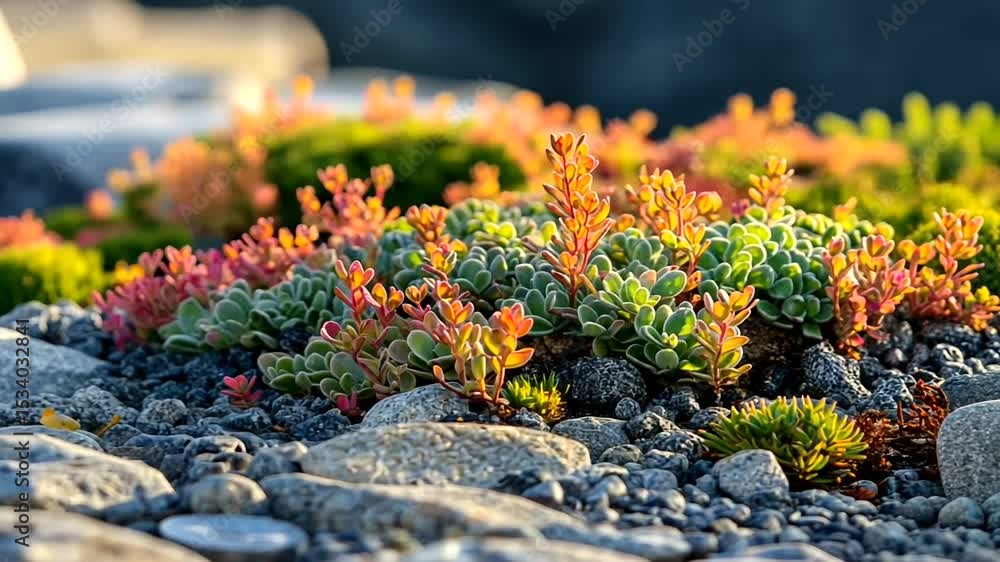 Colorful succulent garden flourishing among stones, a vibrant and harmonious display Colorful succulent garden flourishing among stones, a vibrant and harmonious display