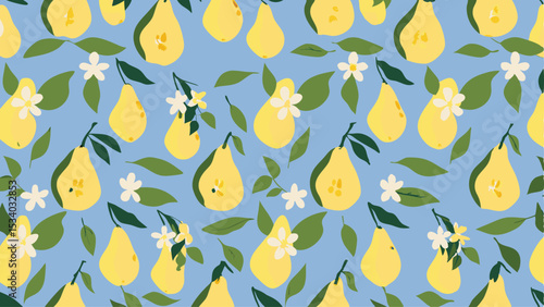 Seamless pattern featuring yellow pears with green leaves and white flowers on a blue background design