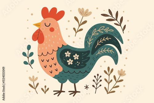 Scandinavian rooster vector illustration in folk art style. Cute cockerel with floral decoration and botanical elements. Hand drawn doodle farm bird character for nursery decor print.