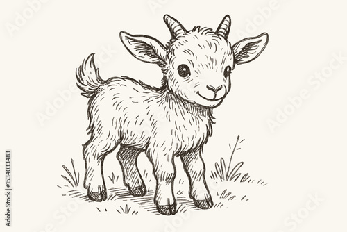 Adorable baby goat hand-drawn sketch illustration. Cute cartoon goatling character in a vintage doodle style. Farm animal line art for children's book, nursery or mascot.